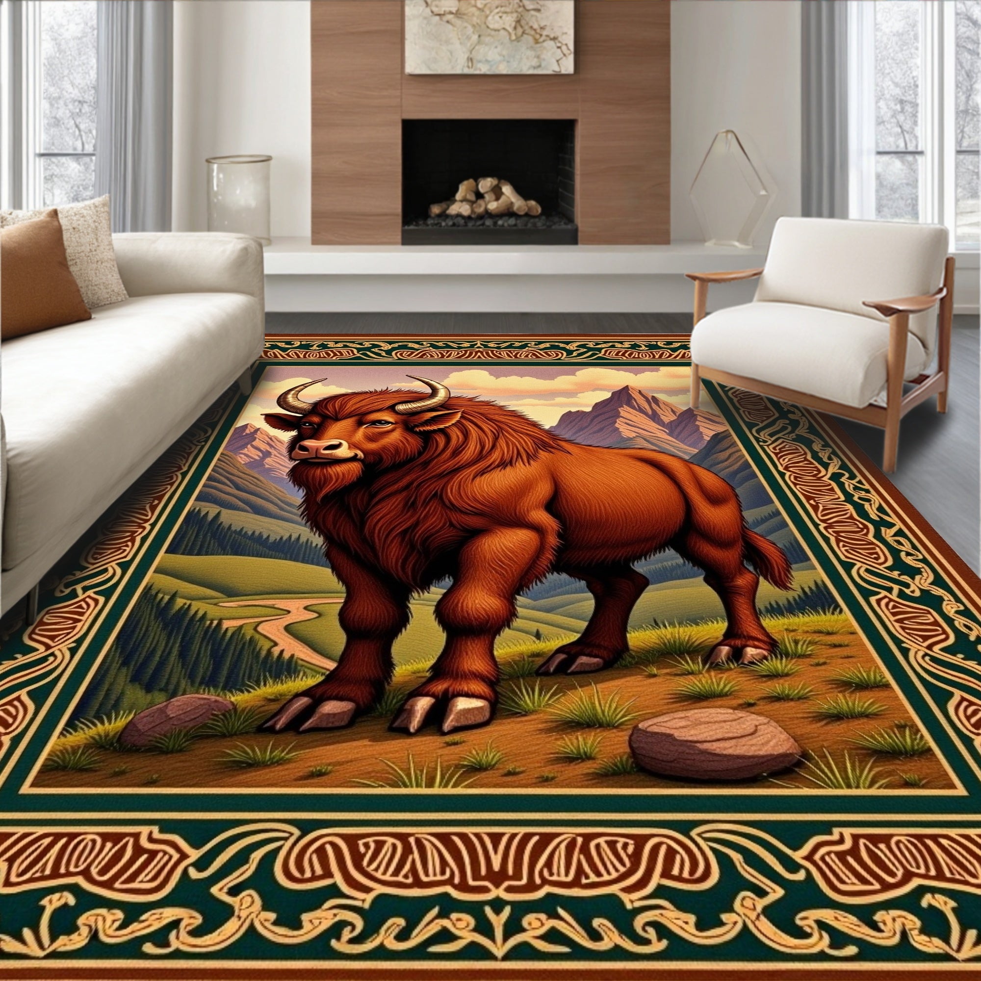 Majestic Bison Mountain Landscape Frame Rug