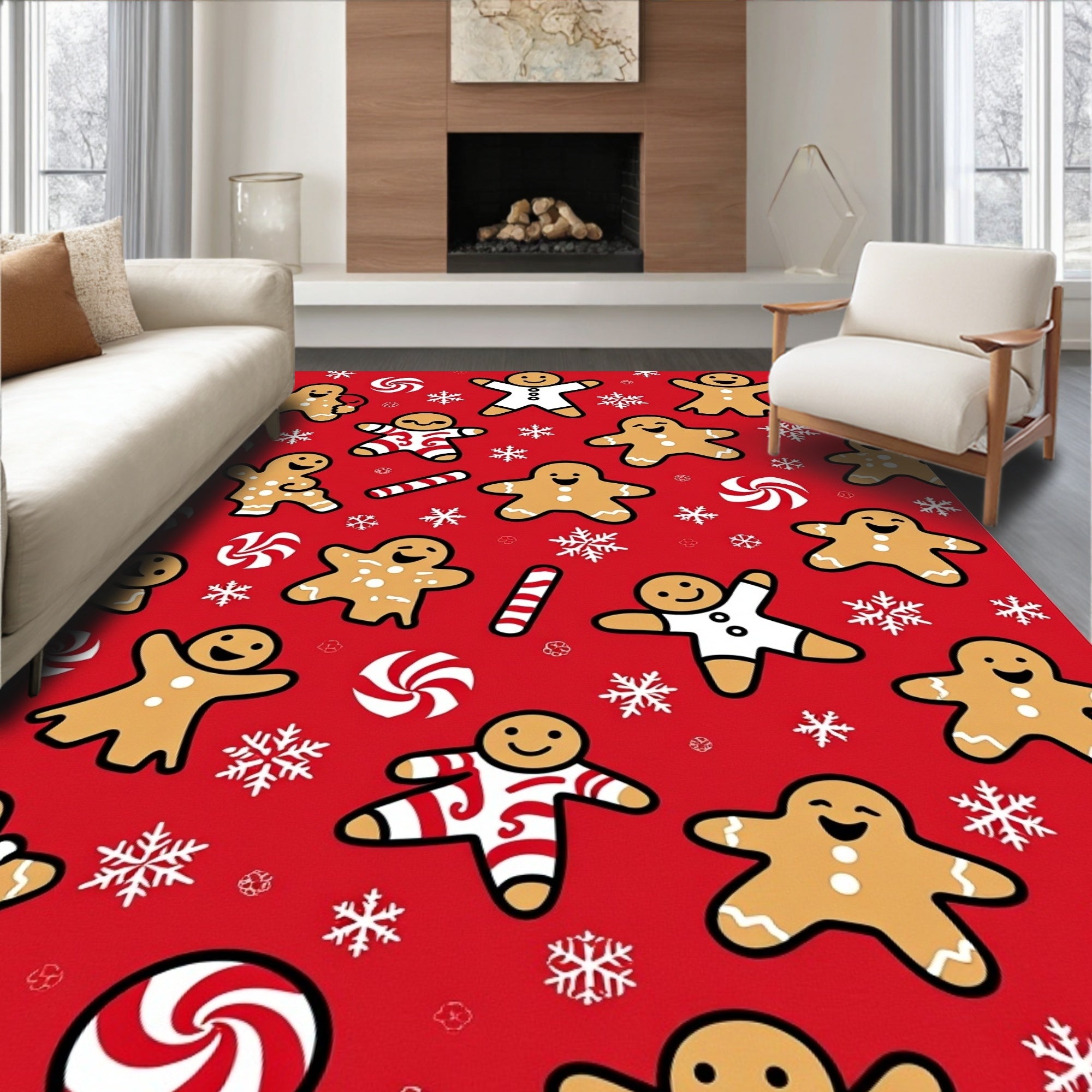 Festive Gingerbread Man Snowflakes Candy Rug
