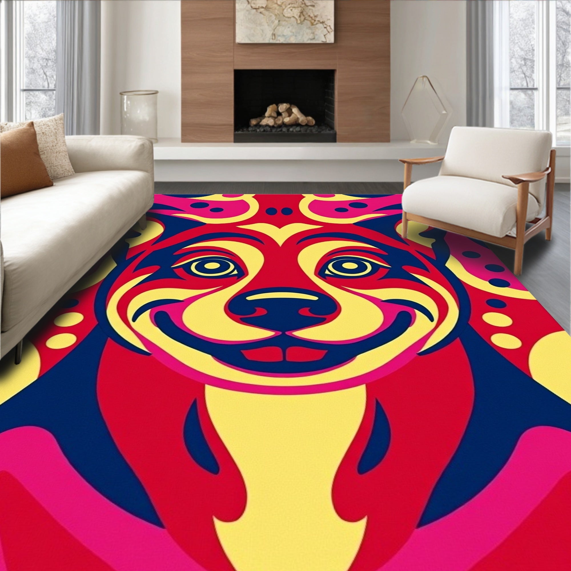 Vibrant Crimson Yellow Dog Face Rug