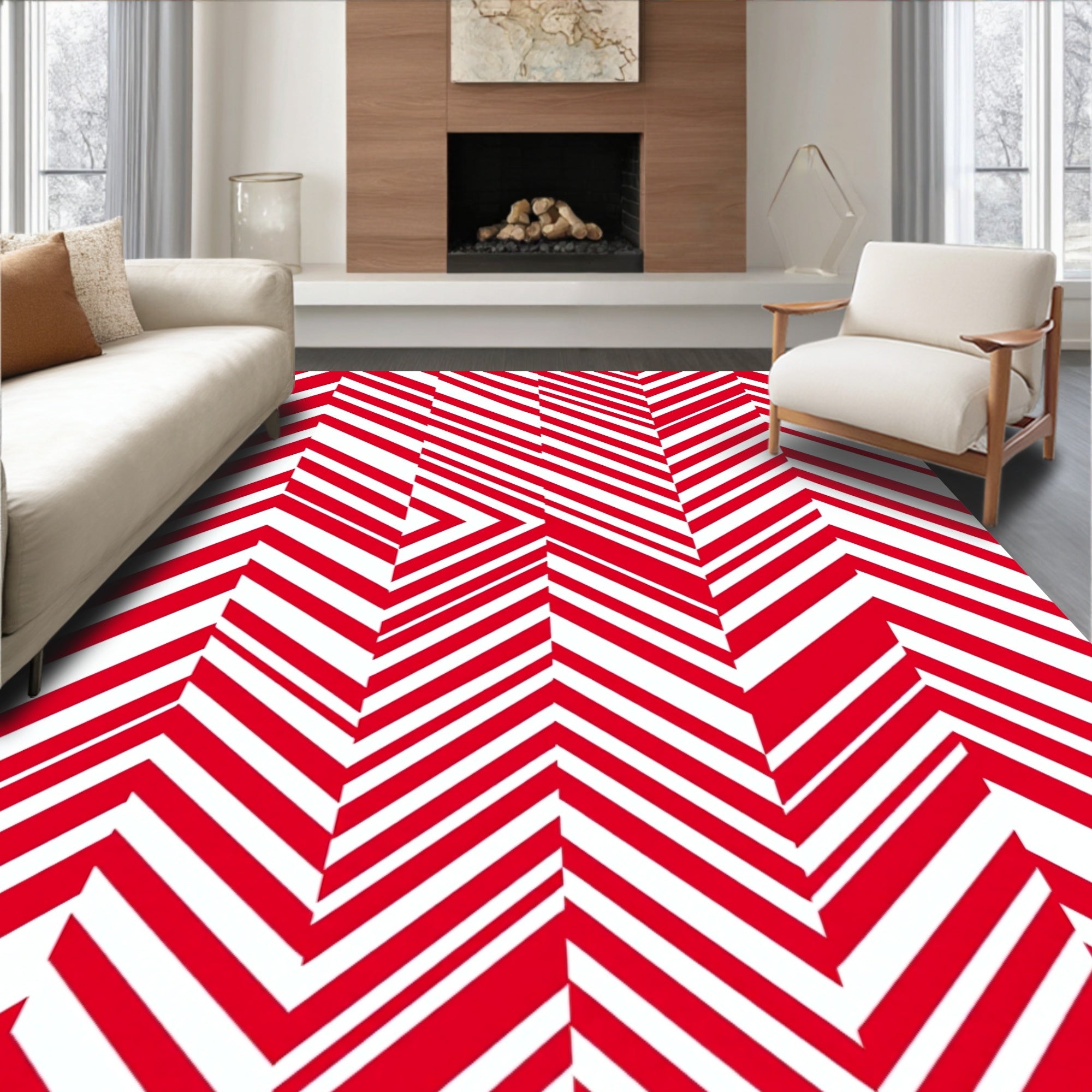 Bold Red Geometric Chevron Rug