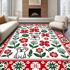 Whimsical Red Green Puppy Floral Art Rug