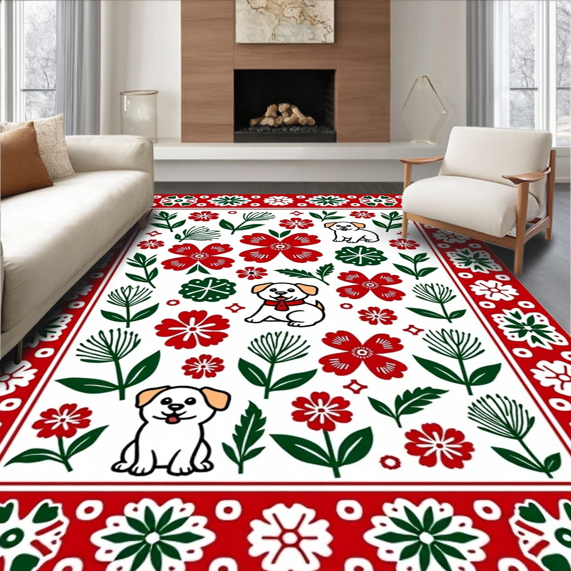 Whimsical Red Green Puppy Floral Art Rug