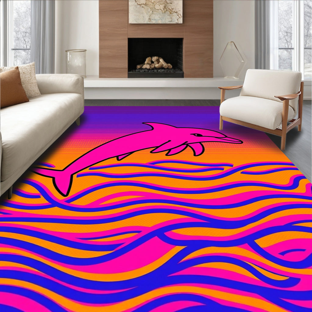Vibrant Pink Dolphin Over Sunset Waves Rug