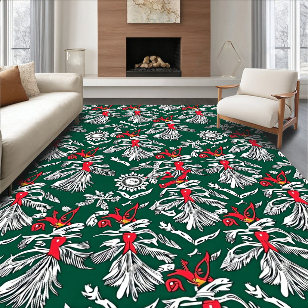 Emerald Green Red White Floral Flock Rug