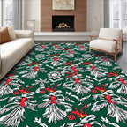 Emerald Green Red White Floral Flock Rug