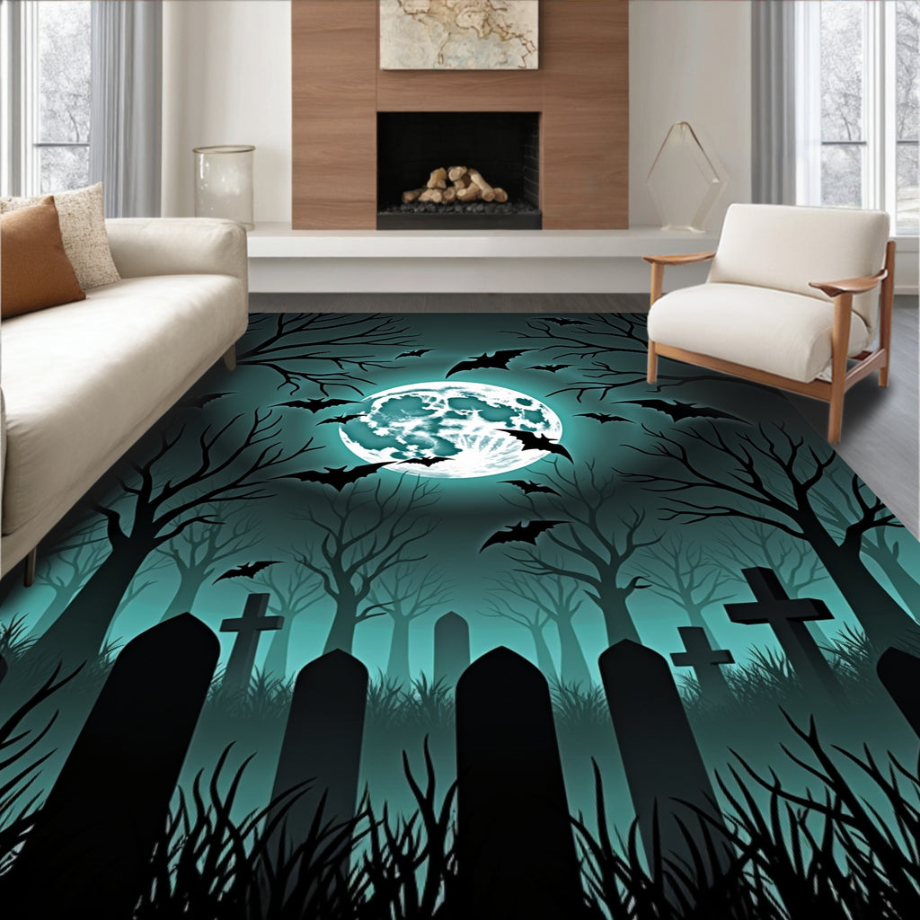 Haunted Graveyard Bats Full Moon Night Rug
