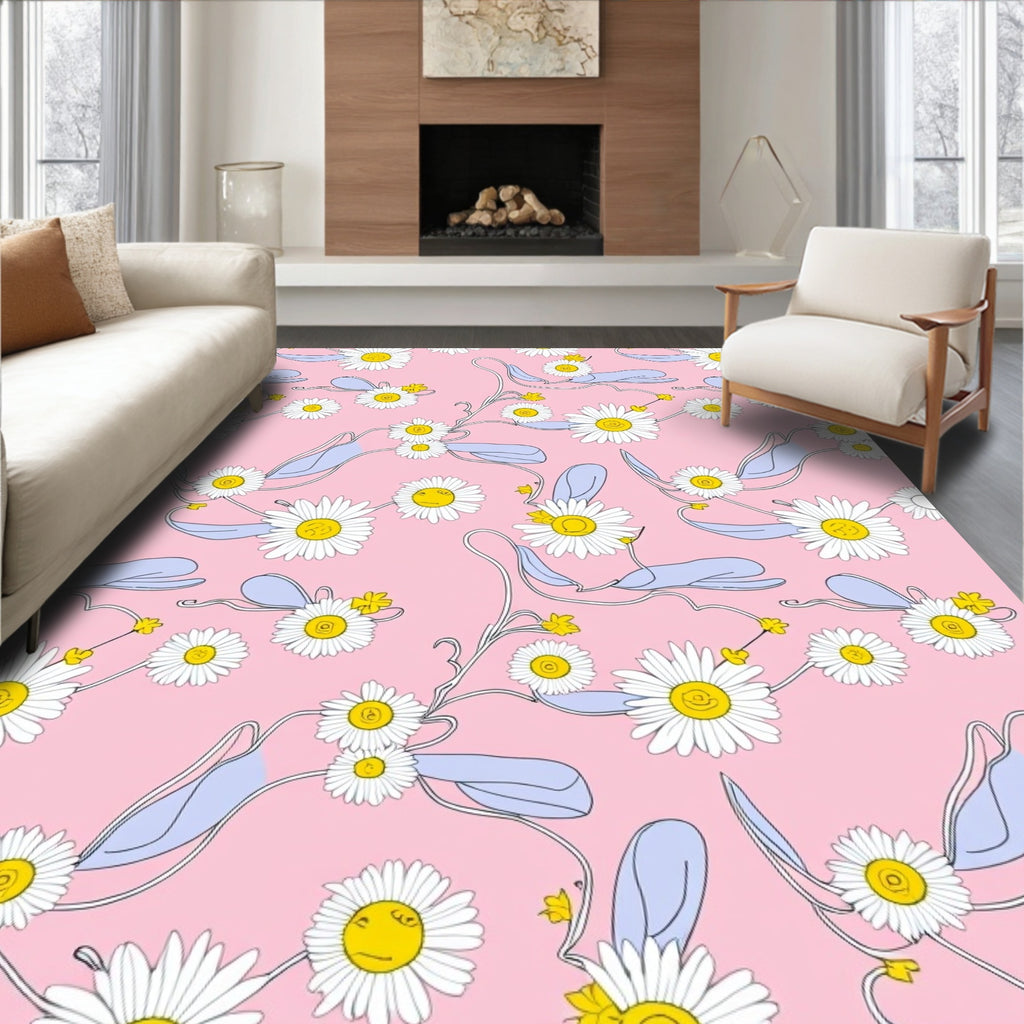 Whimsical Daisy Floral Swirls Pink Rug