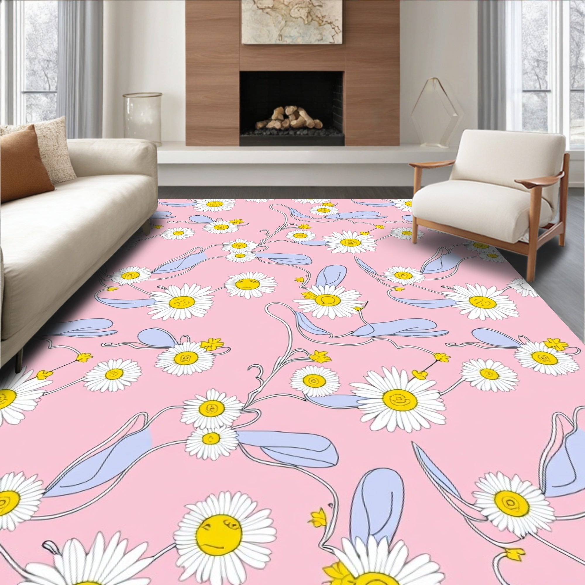 Whimsical Daisy Floral Swirls Pink Rug