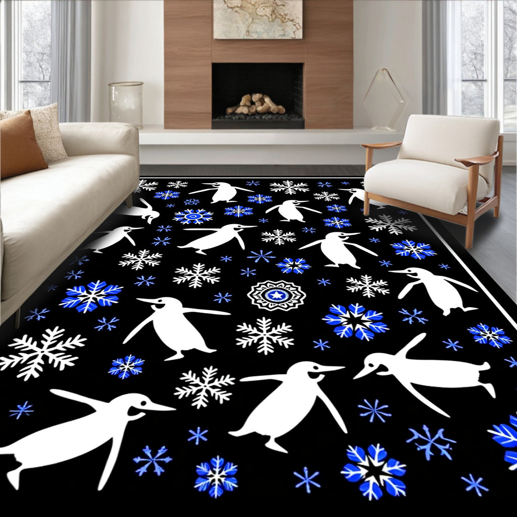 White Penguins Blue Snowflakes Black Rug