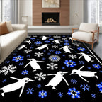 White Penguins Blue Snowflakes Black Rug