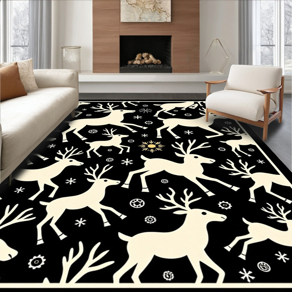 Cream Deer With Snowflakes On Black Rug