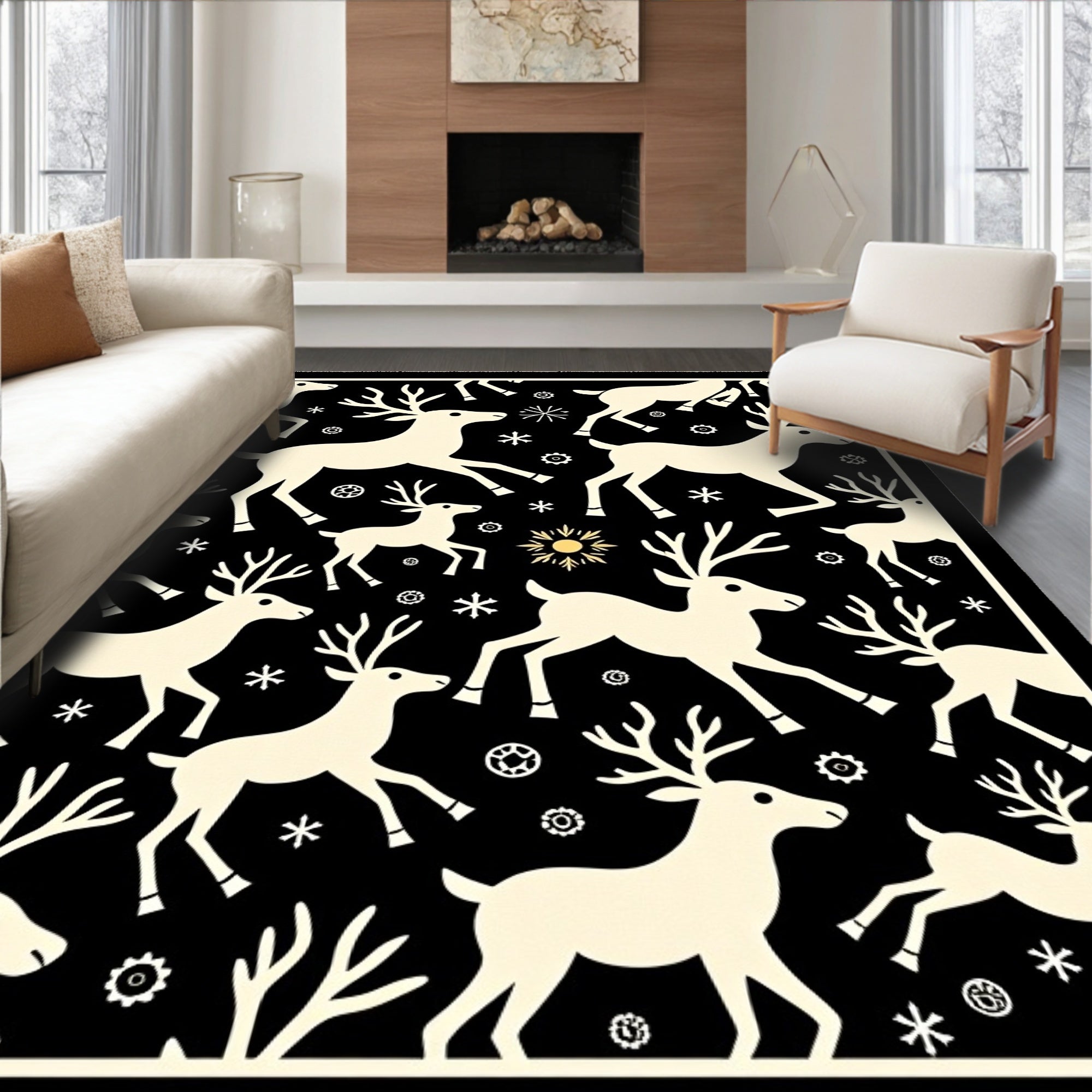 Cream Deer With Snowflakes On Black Rug