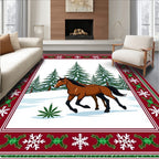 Brown Horse Winter Forest Snowflakes Border Rug