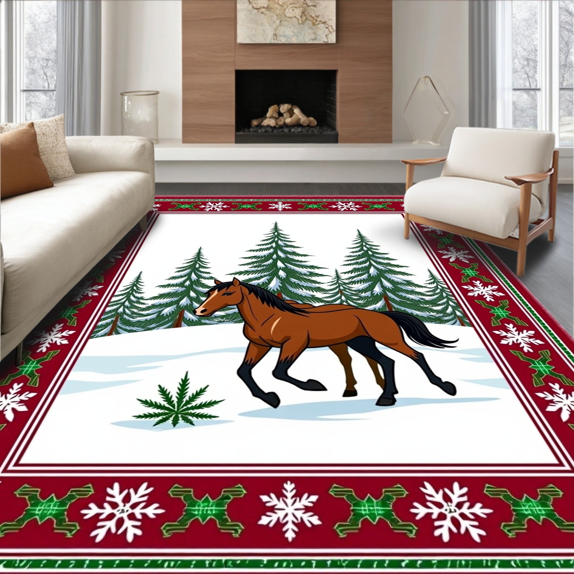 Brown Horse Winter Forest Snowflakes Border Rug