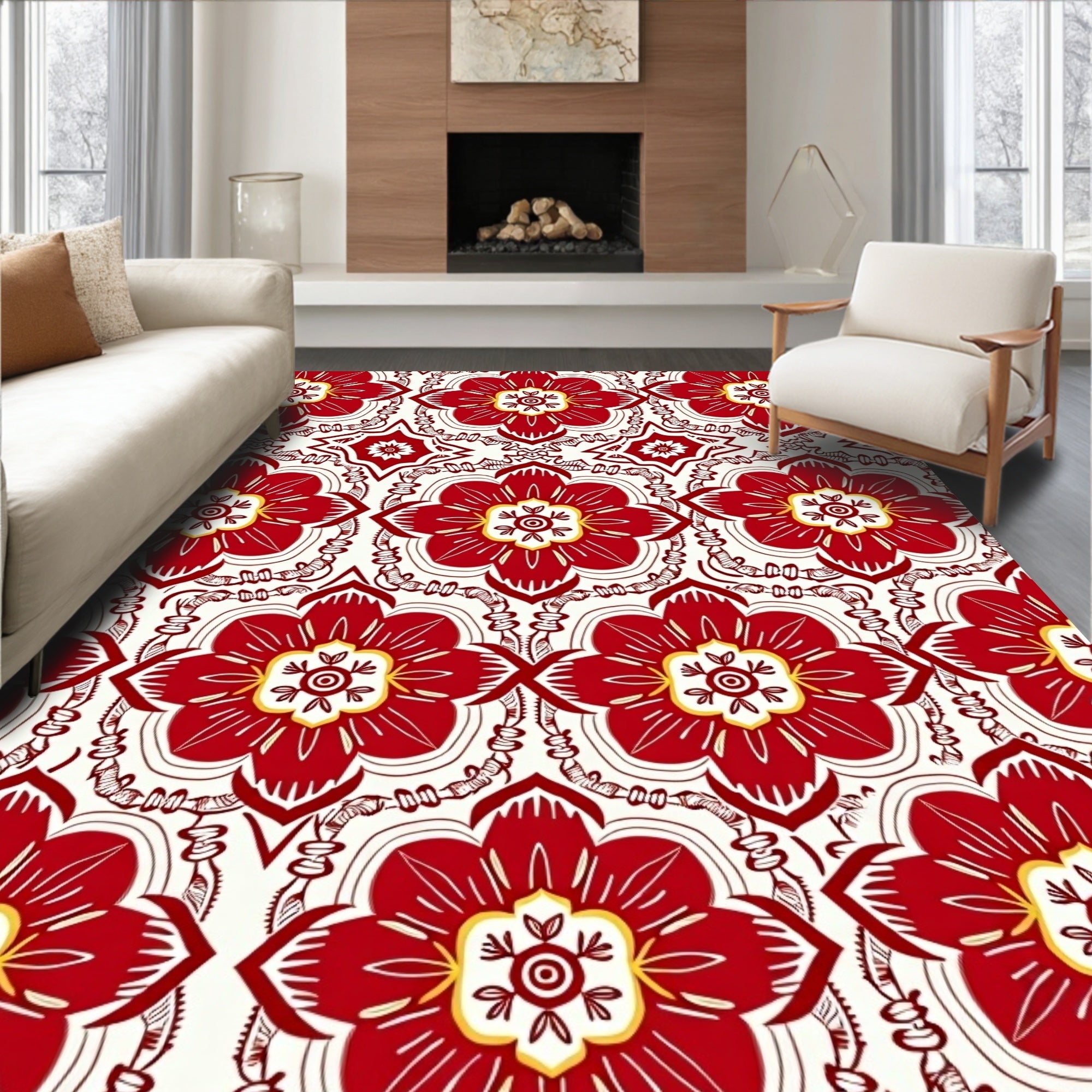 Bold Red Floral Medallion Wallpaper Rug