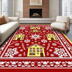 Festive Yellow Houses Snowflake Red Field Rug