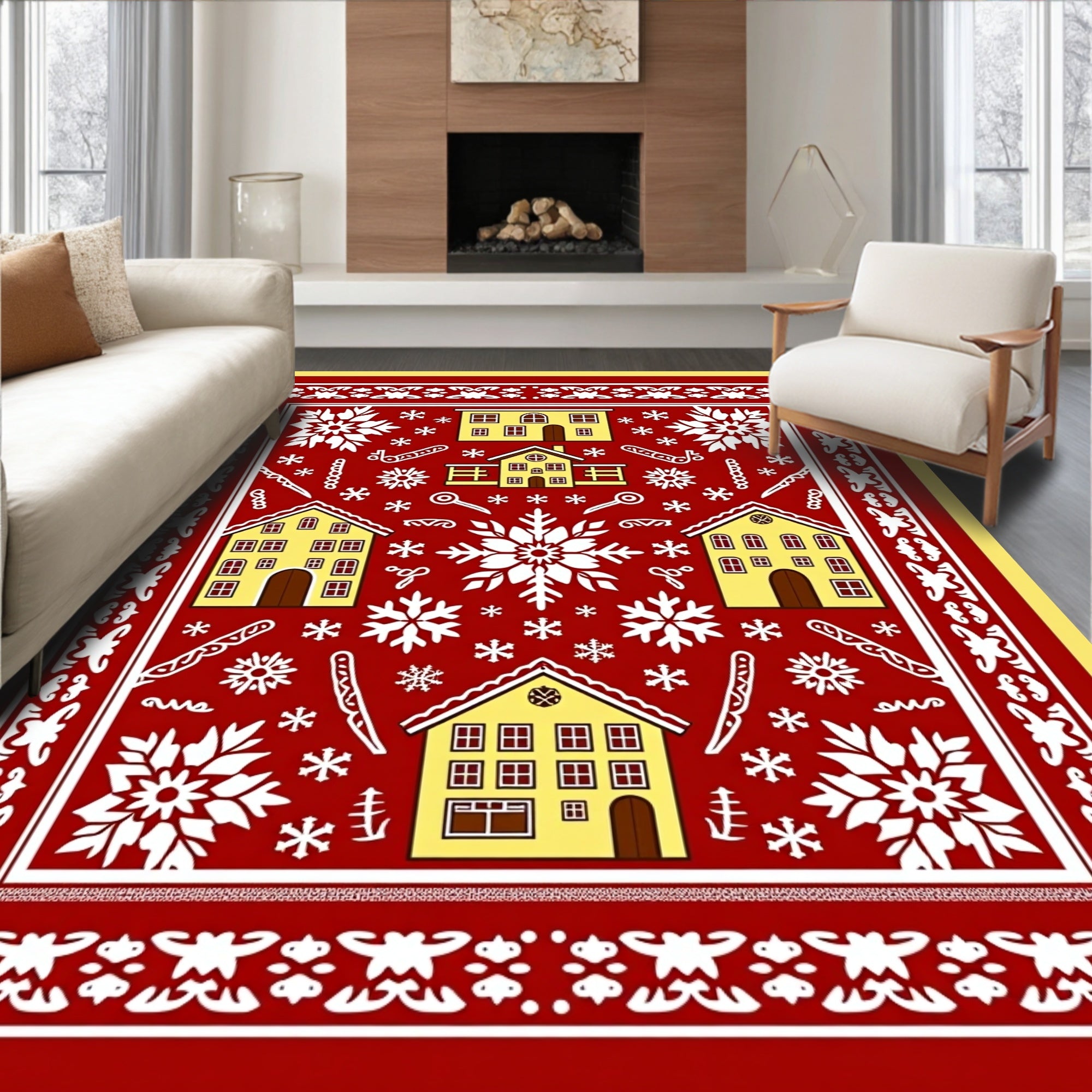 Festive Yellow Houses Snowflake Red Field Rug