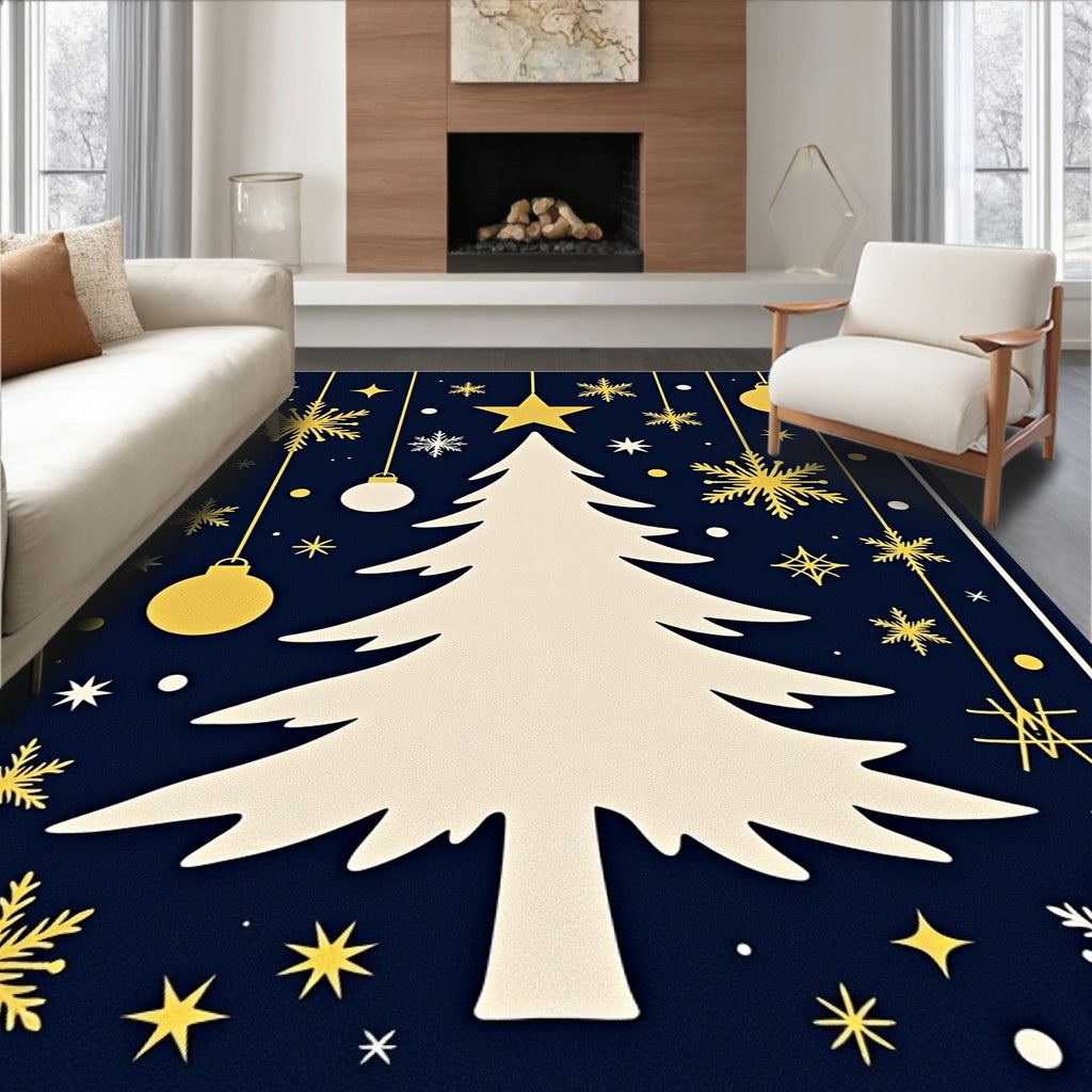 Gold Snowflake Christmas Tree Night Sky Rug