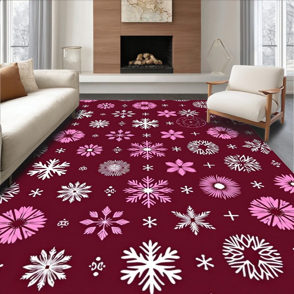 Burgundy White Pink Snowflake Collage Rug