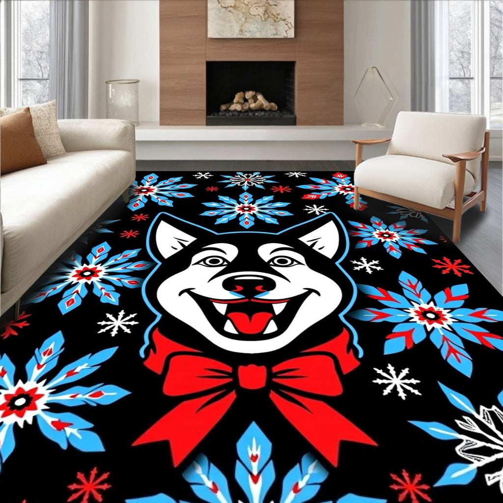 Black Husky Red Bow Snowflake Field Rug