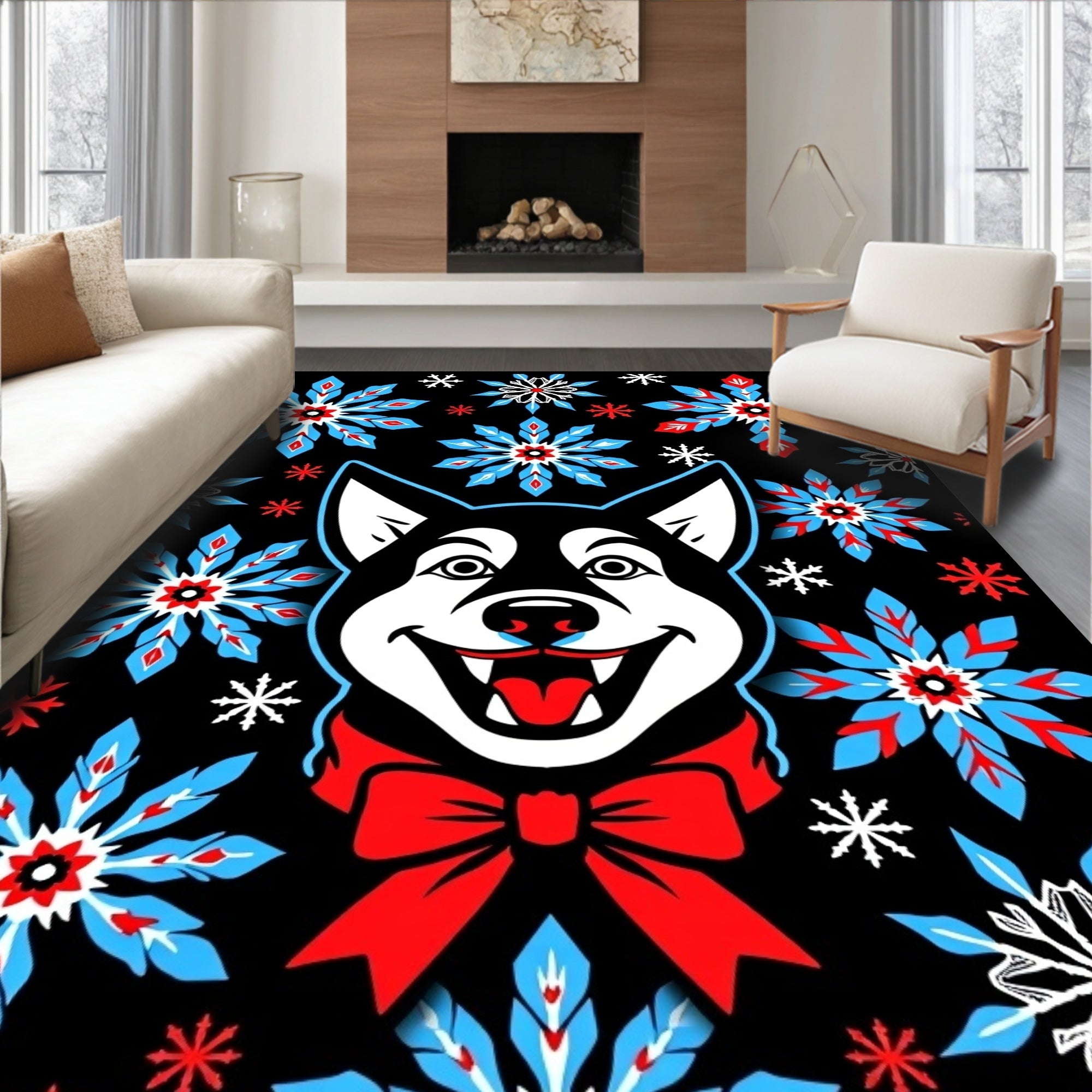 Black Husky Red Bow Snowflake Field Rug