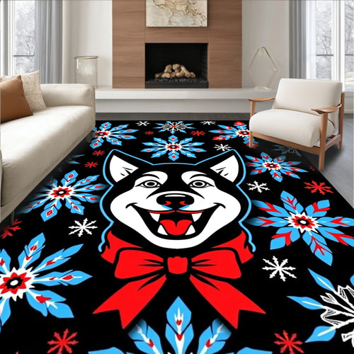 Black Husky Red Bow Snowflake Field Rug