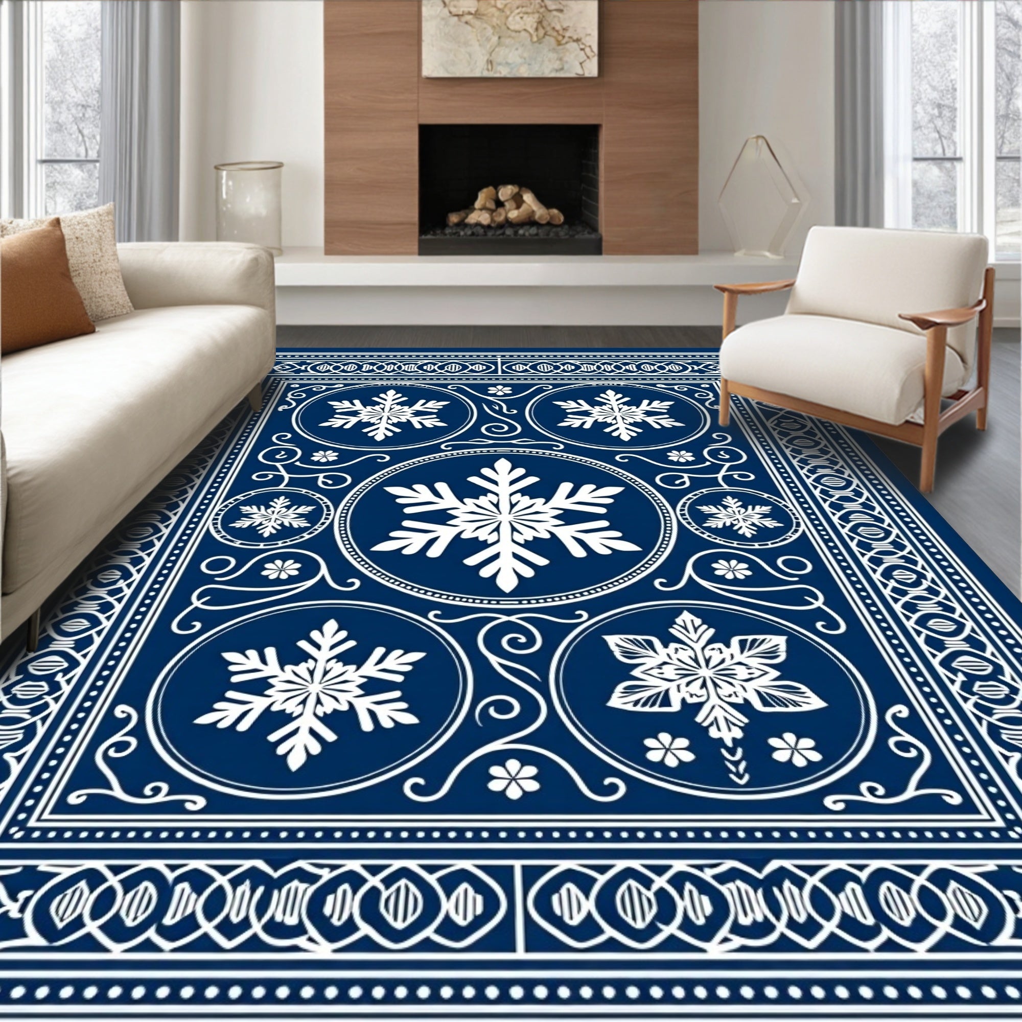 Navy White Snowflake Medallion Rug
