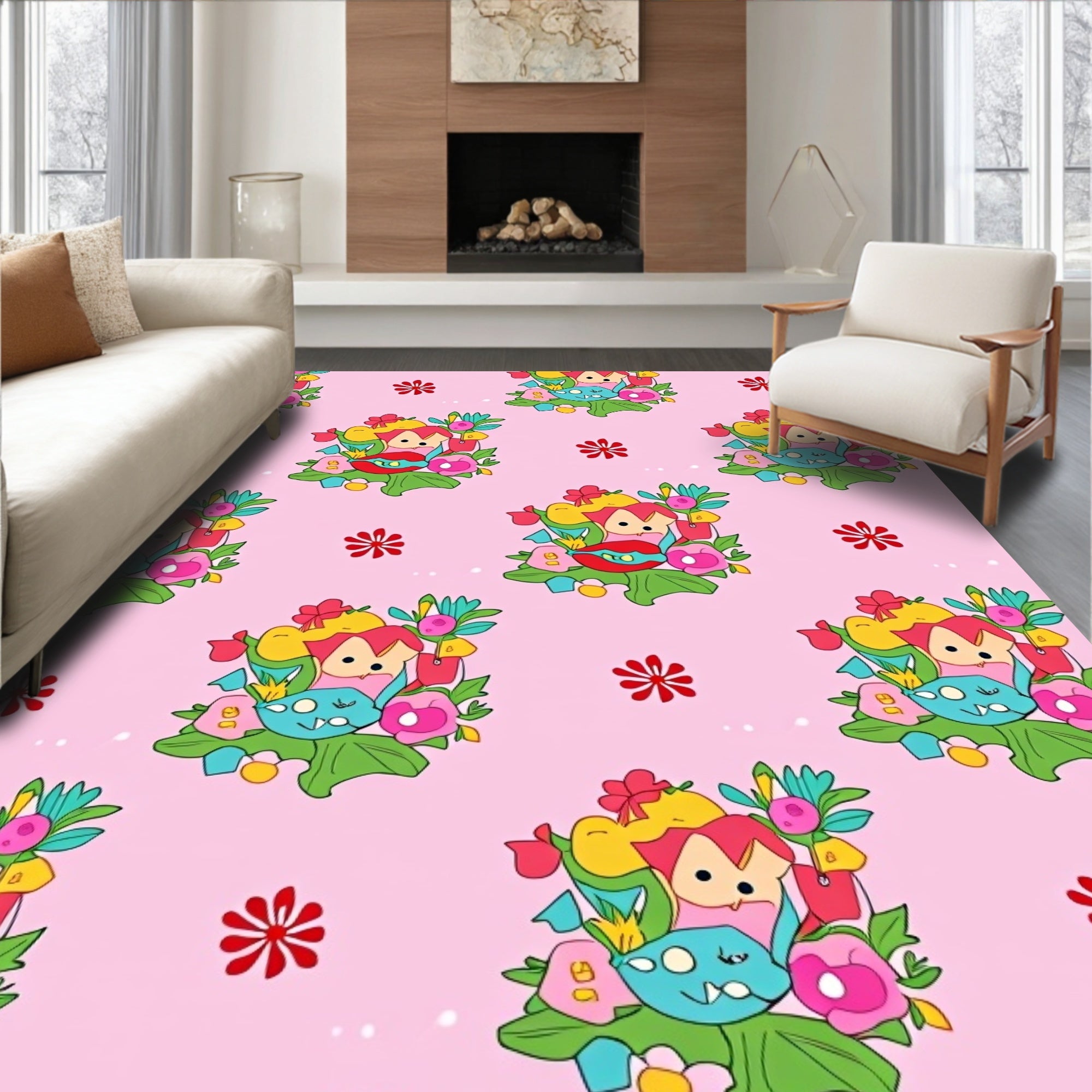 Whimsical Pink Cartoon Monster Garden Rug