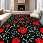 Black Red Floral Vines Swirls Rug