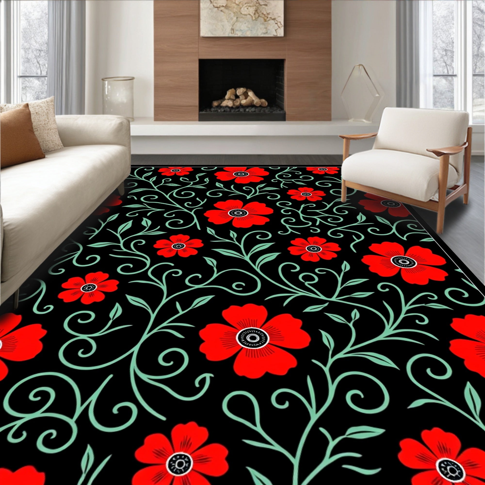 Black Red Floral Vines Swirls Rug