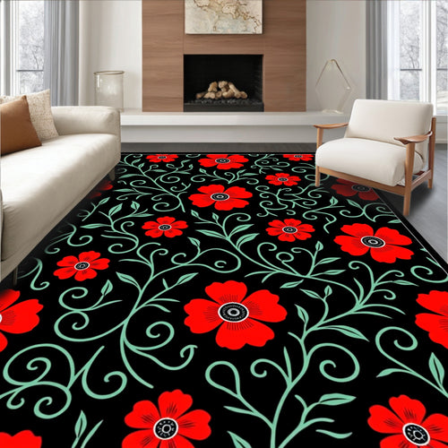 Black Red Floral Vines Swirls Rug