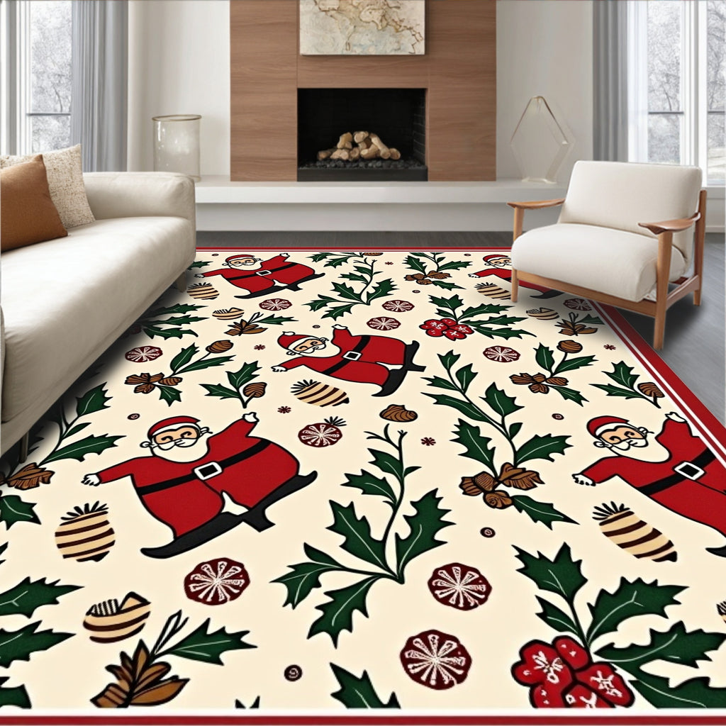 Jolly Santa Christmas Holly Garland Rug