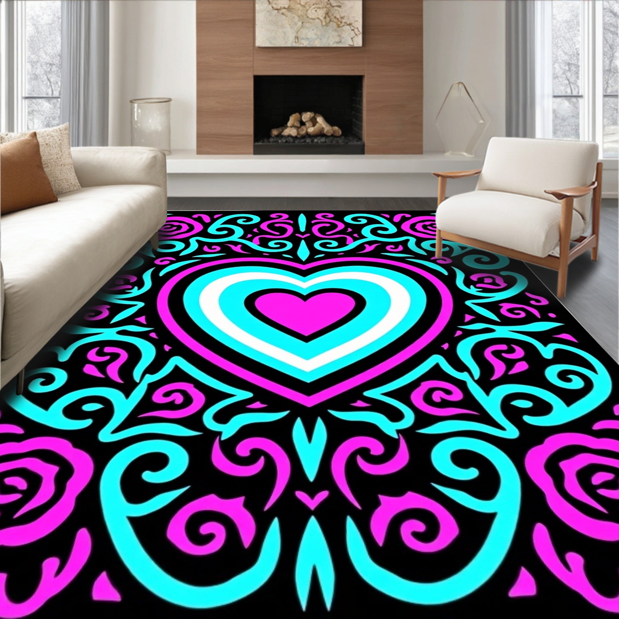 Vivid Pink Aqua Heart Floral Swirls Rug