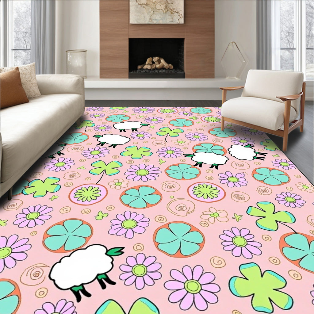 Playful Pink Sheep Floral Medley Rug
