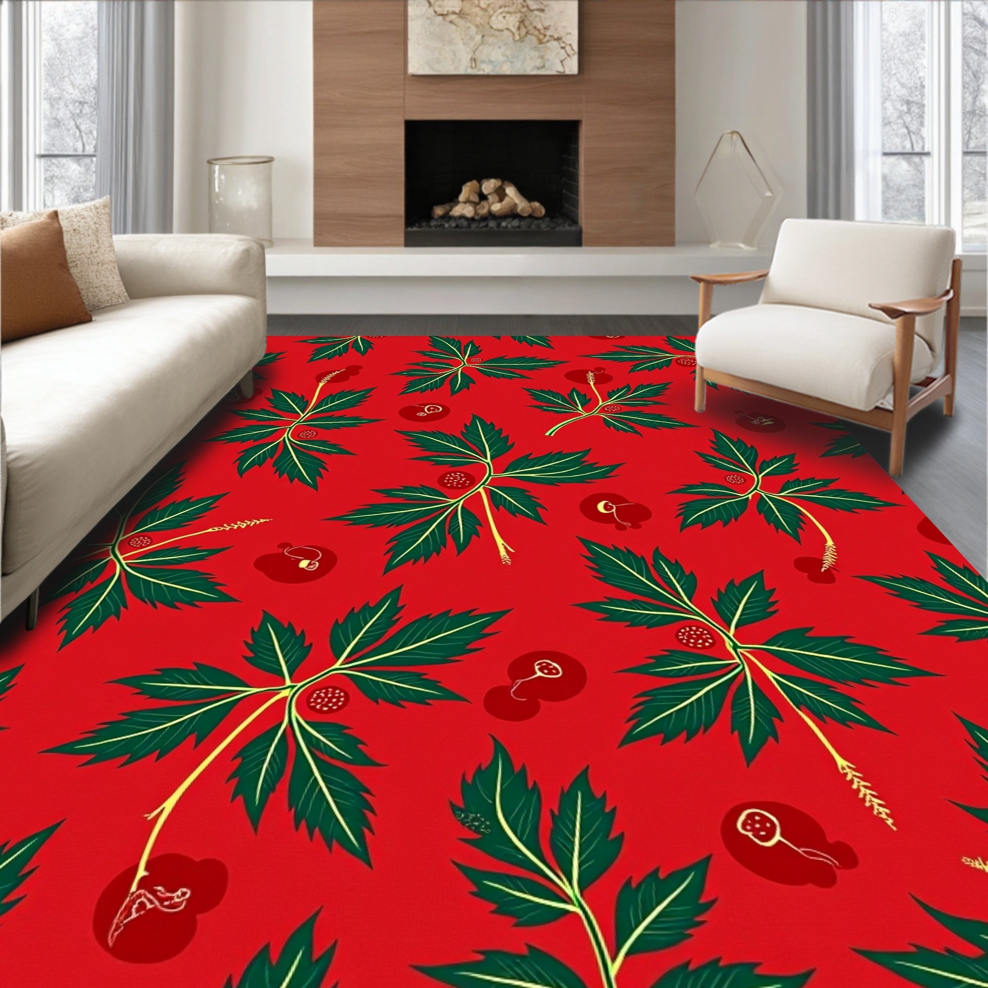 Crimson Red Botanical Berry Branches Rug