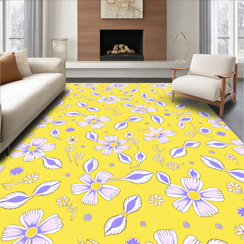 Whimsical Yellow Purple Floral Garden Rug