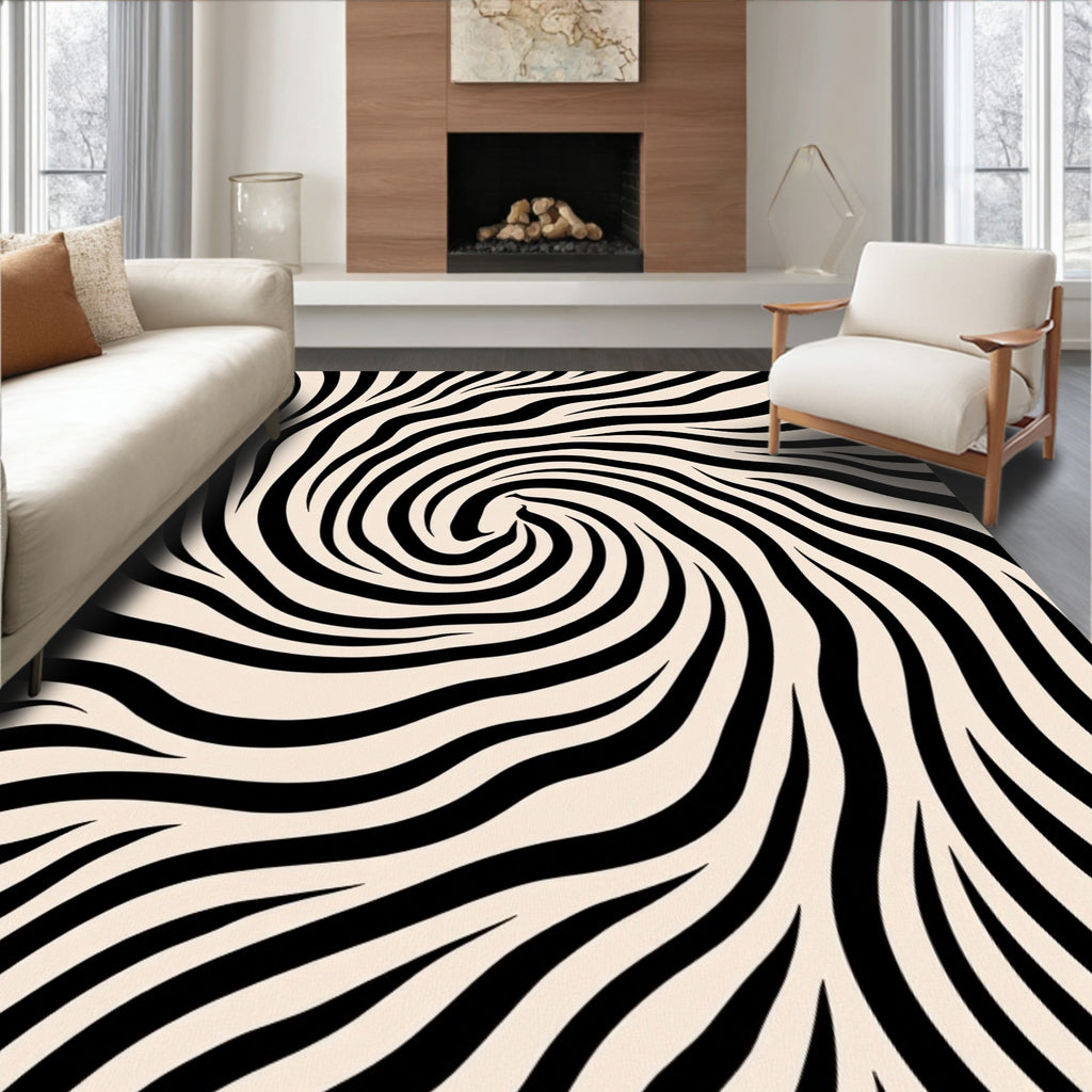 Cream Black Swirl Zebra Abstract Rug