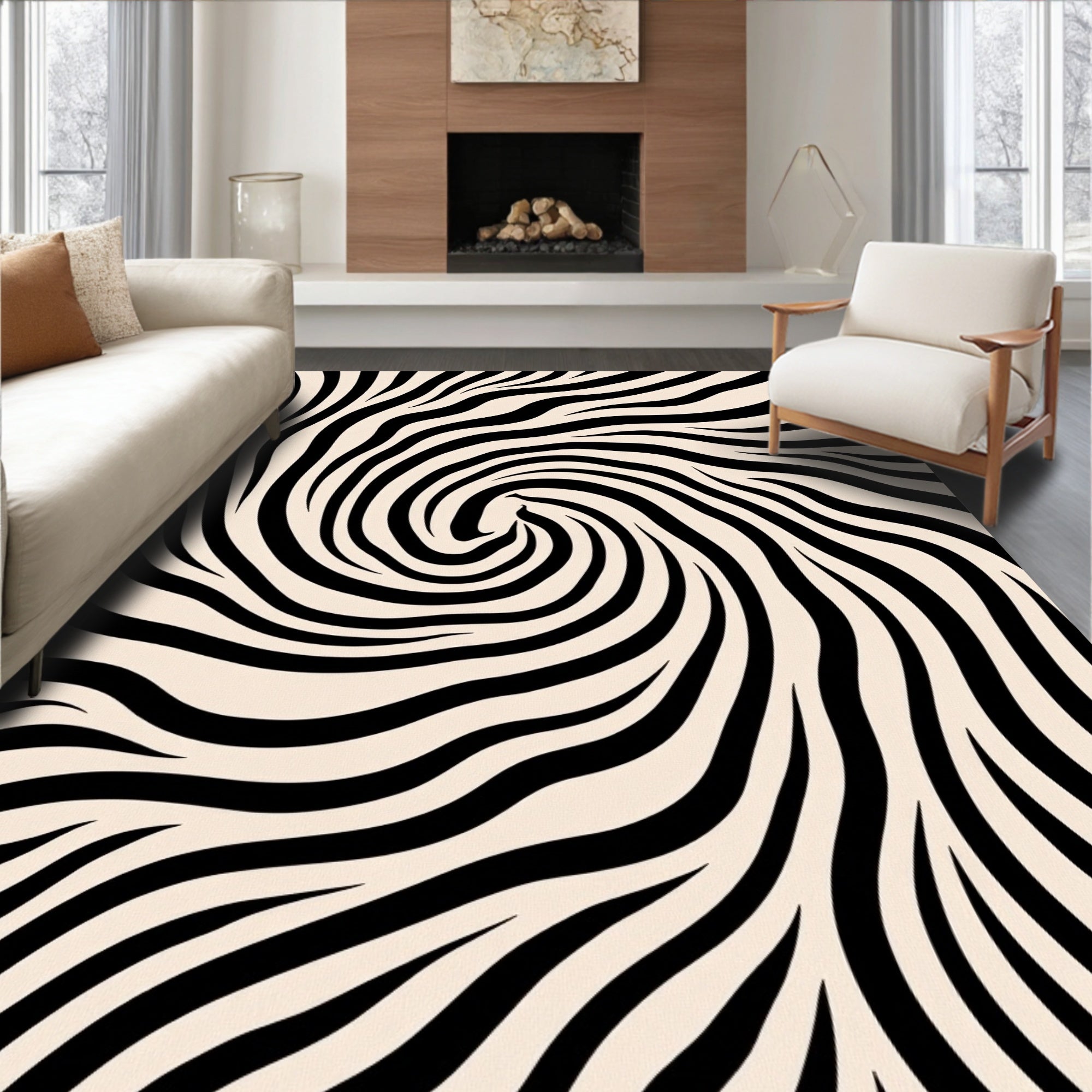 Cream Black Swirl Zebra Abstract Rug