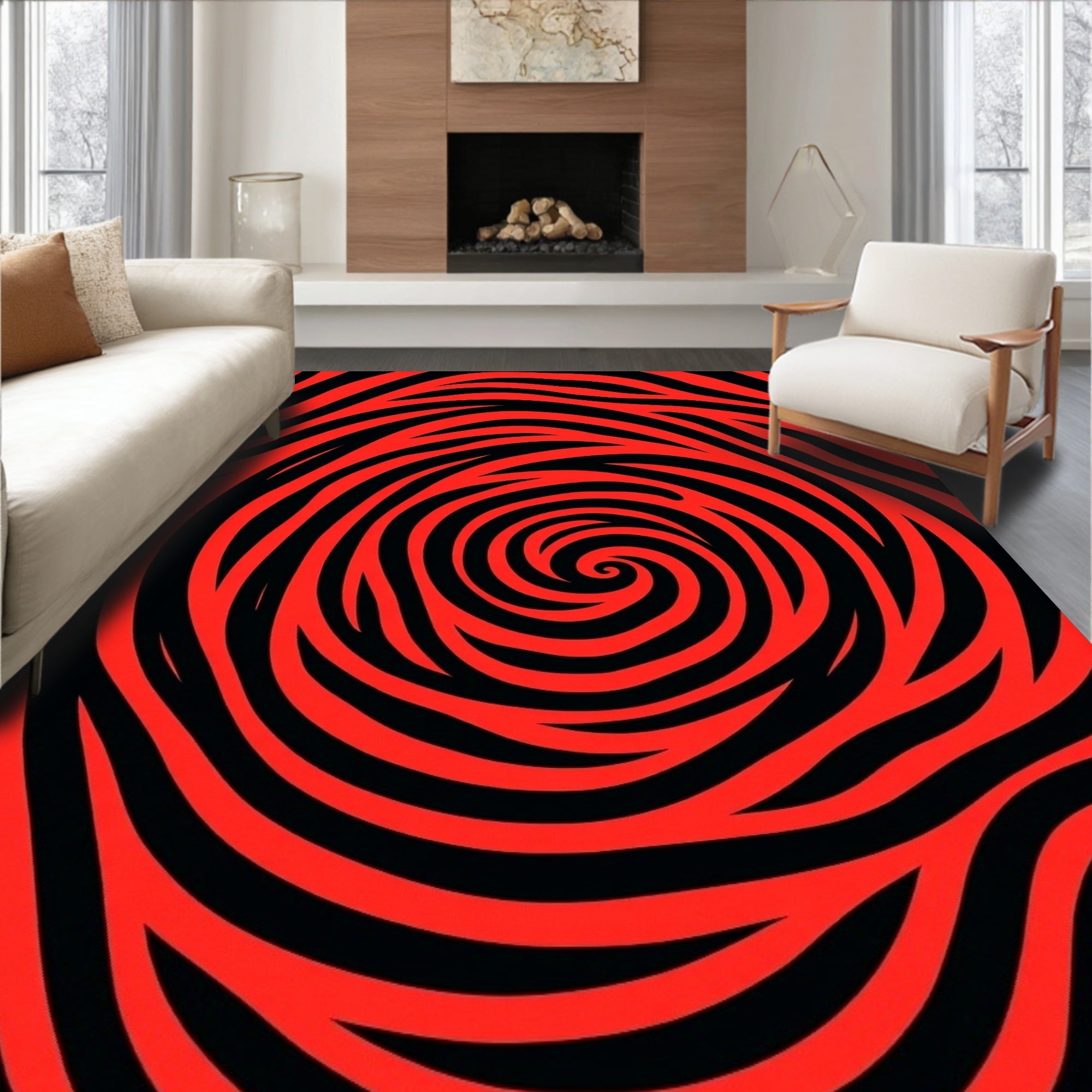 Vibrant Red Black Swirl Rug