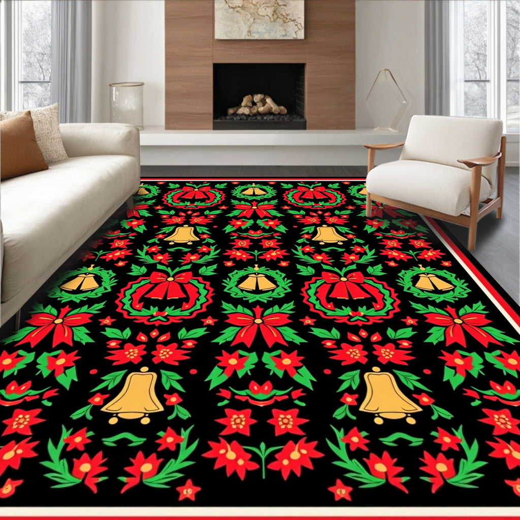 Traditional Red Green Gold Christmas Wreath Rug