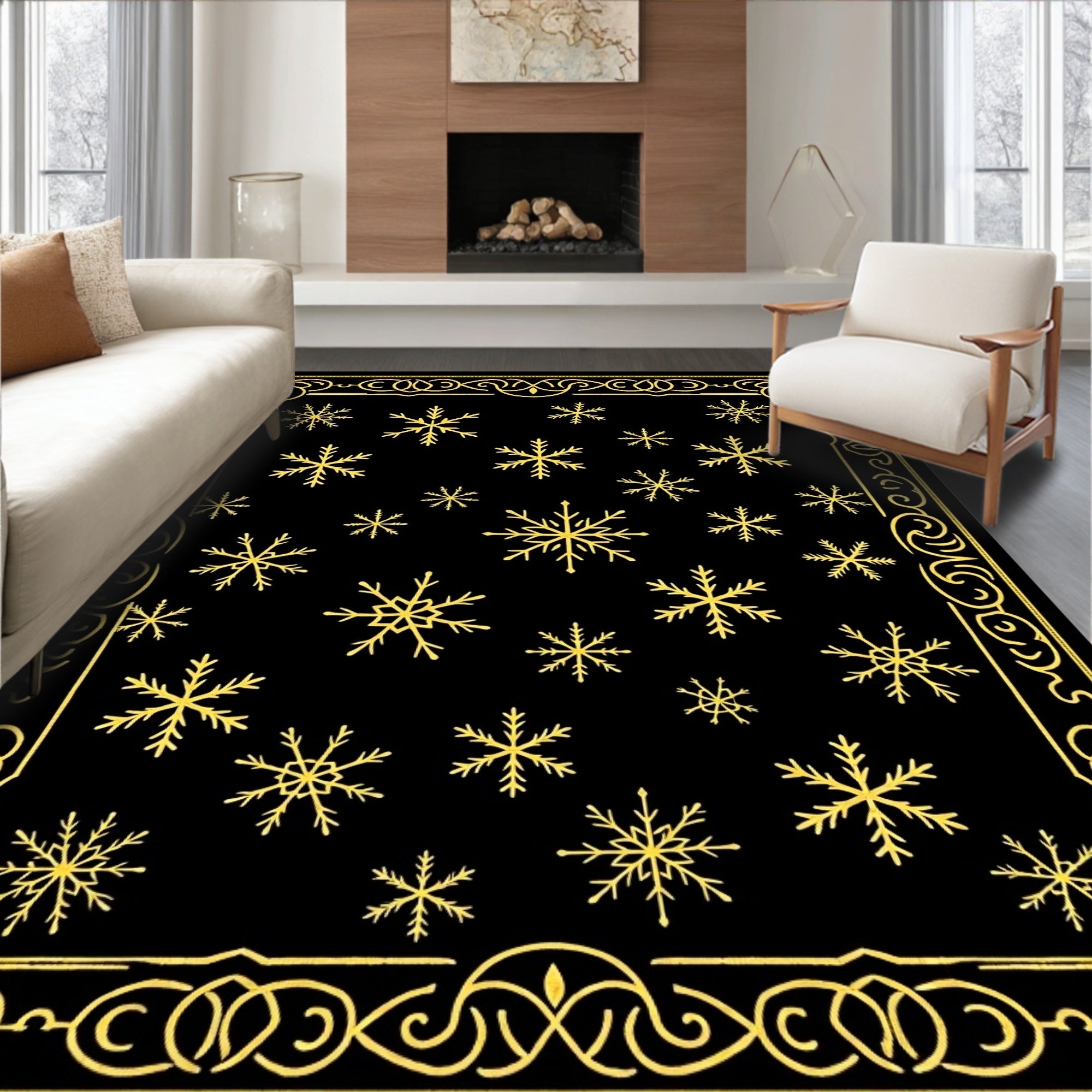 Golden Winter Snowflake Border Rug