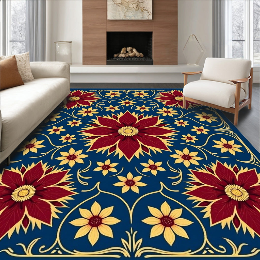 Deep Blue Floral Sunburst Medallions Rug