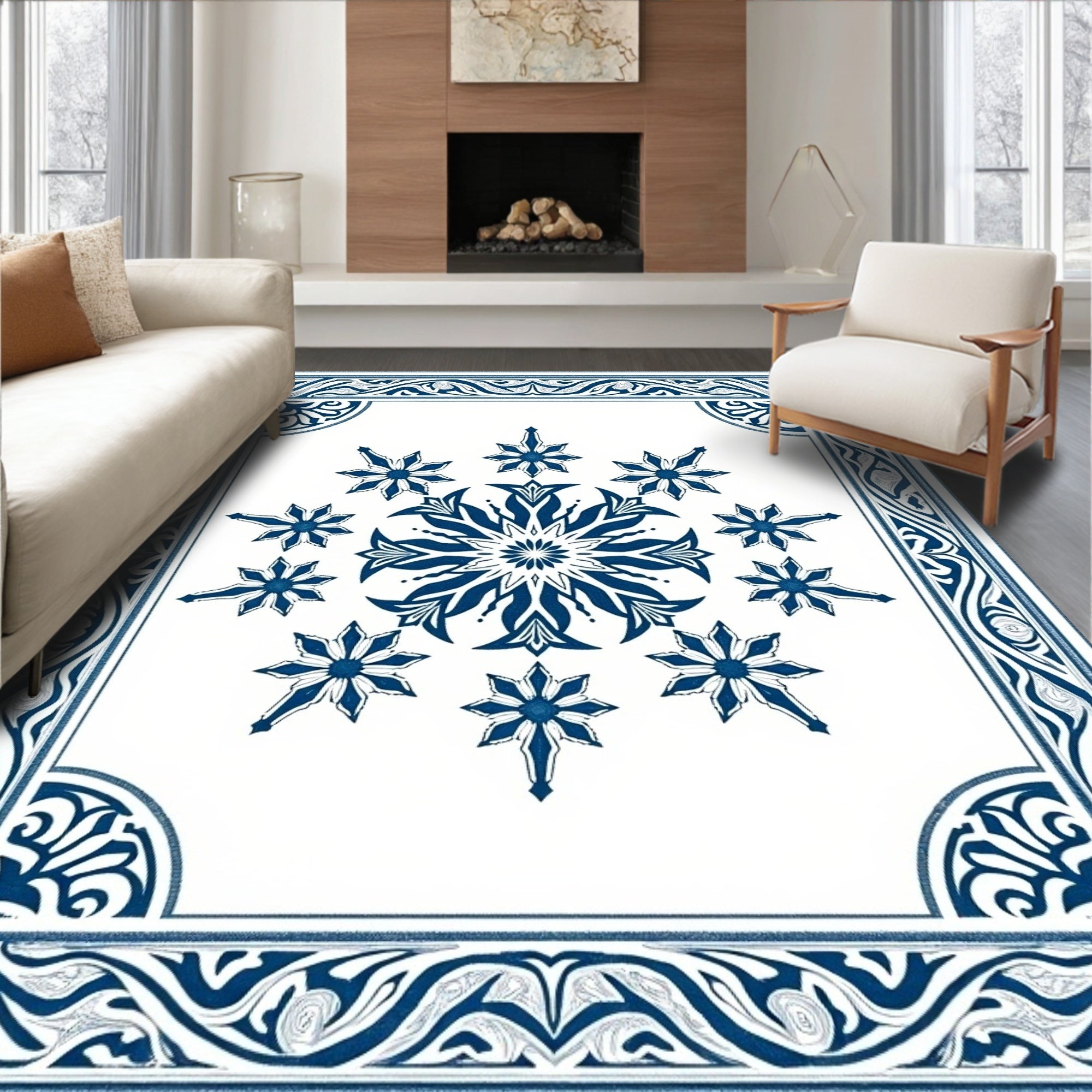 Deep Blue Floral Medallion Border Rug
