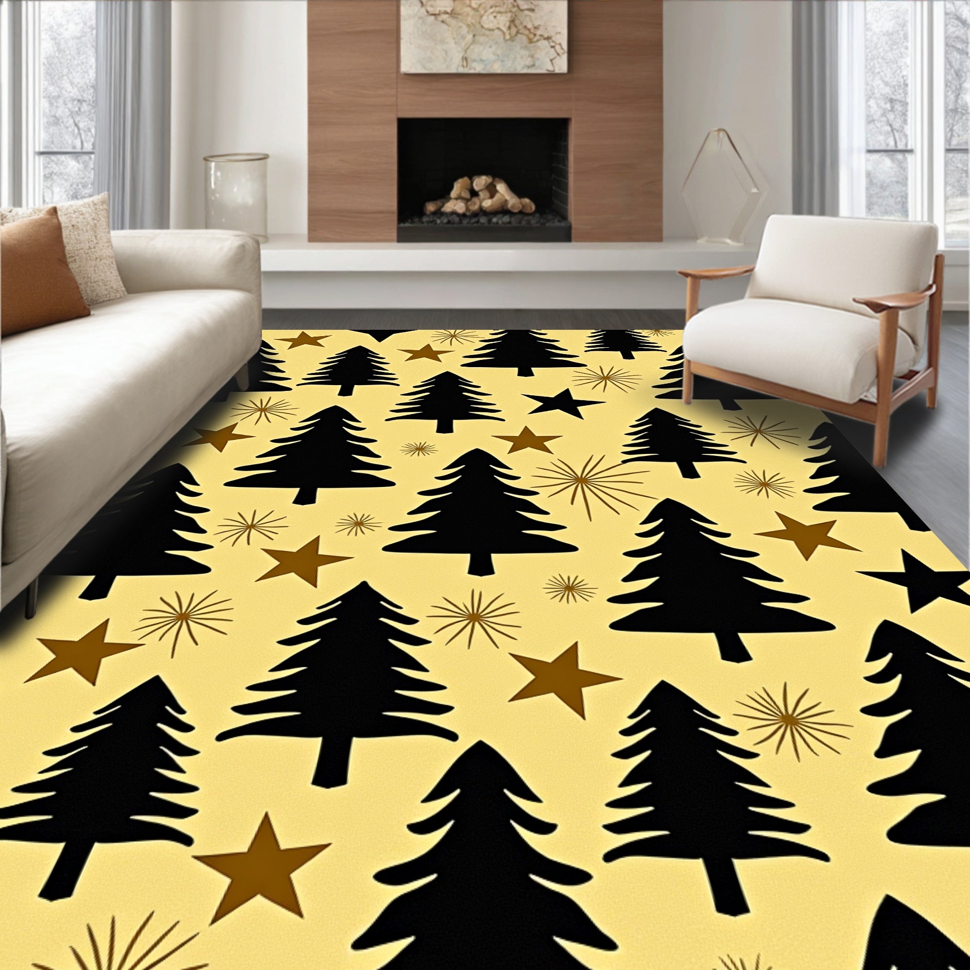 Black Evergreen Stars Yellow Background Rug