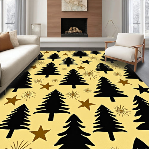 Black Evergreen Stars Yellow Background Rug