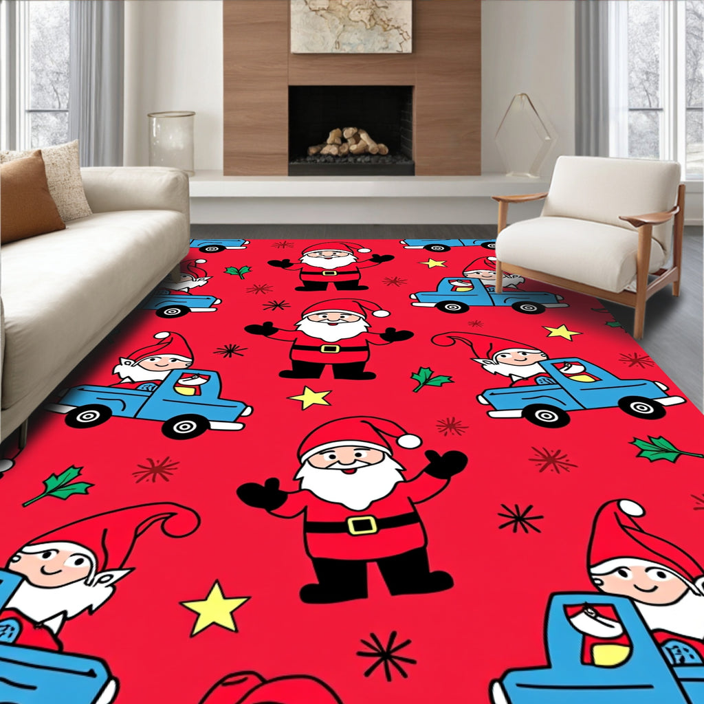Festive Red Santa Elves Truck Companions Rug