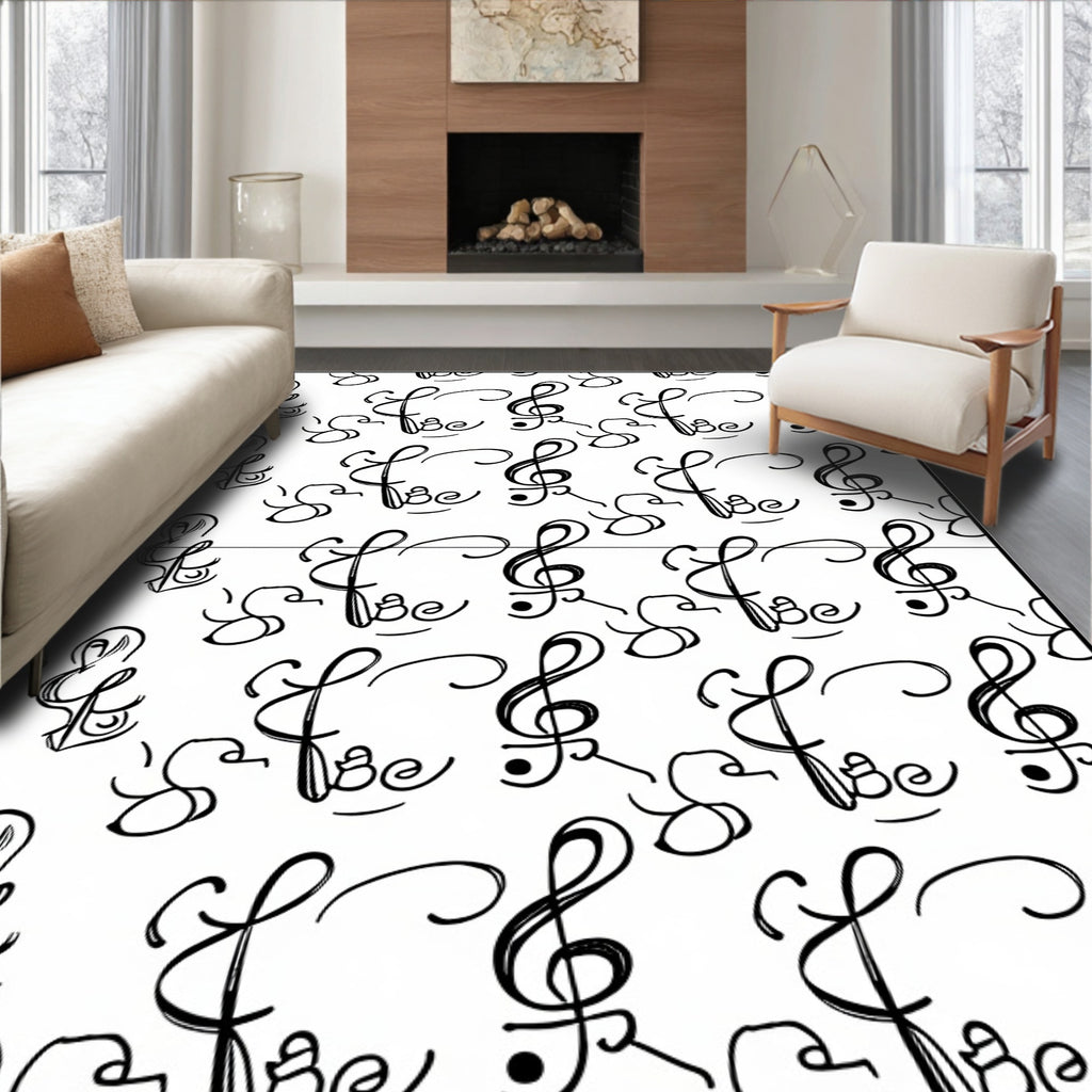 Black White Treble Clef Repeating Pattern Rug