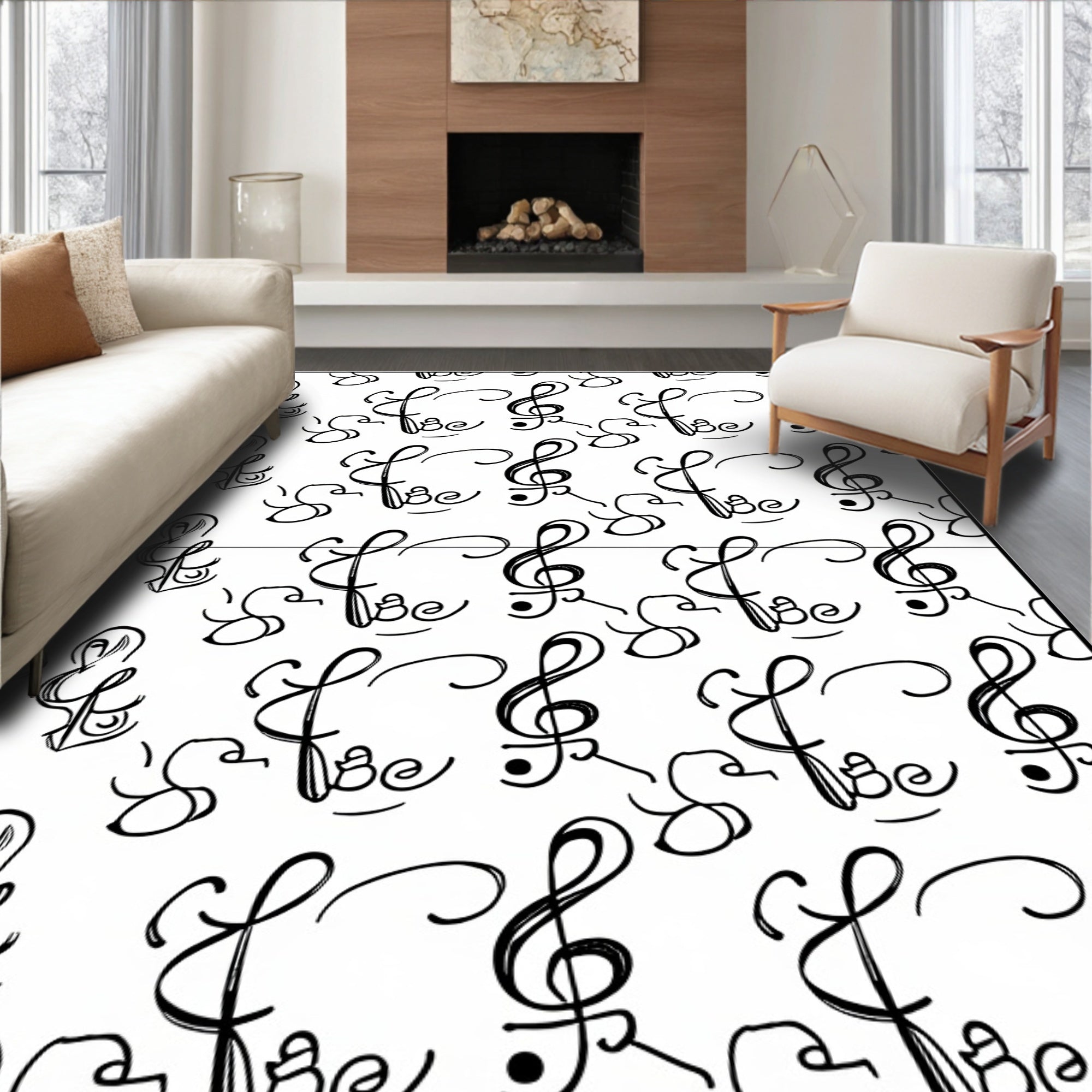 Black White Treble Clef Repeating Pattern Rug