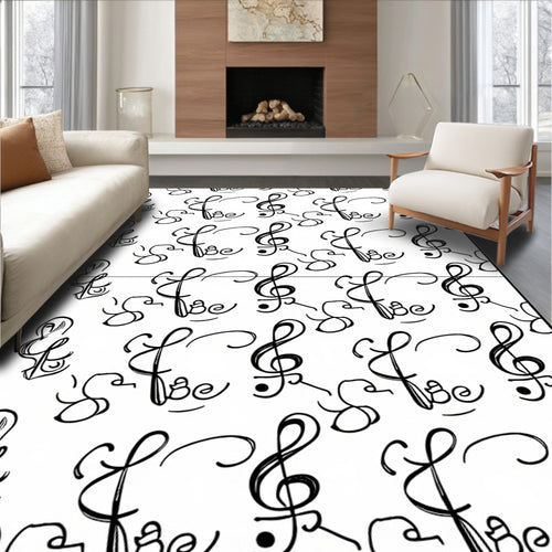 Black White Treble Clef Repeating Pattern Rug