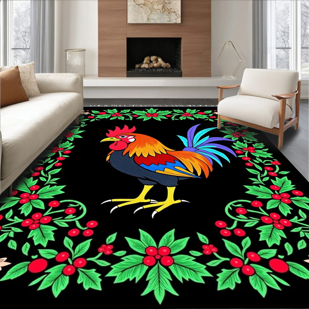 Vibrant Rooster Berry Garland Black Rug